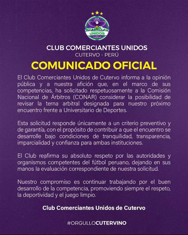 Comunicado de Comerciantes Unidos sobre partido contra Universitario / Foto: Comerciantes Unidos Comunicado de Comerciantes Unidos sobre partido contra Universitario / Foto: Comerciantes Unidos