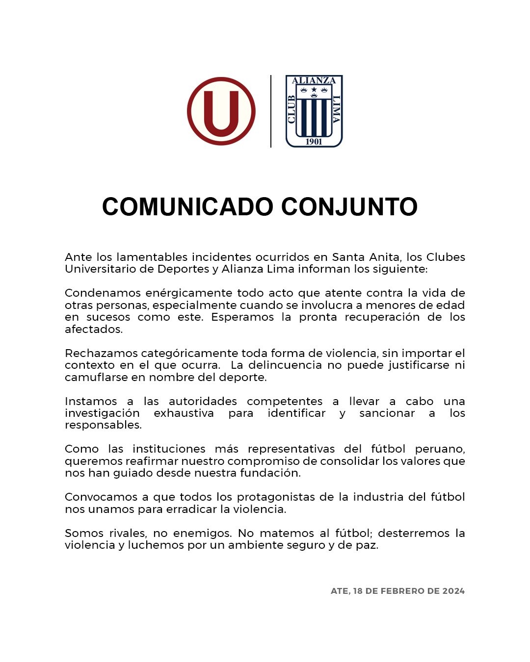 Comunicado de Alianza Lima y Universitario. | Foto: Alianza Lima y Universitario.