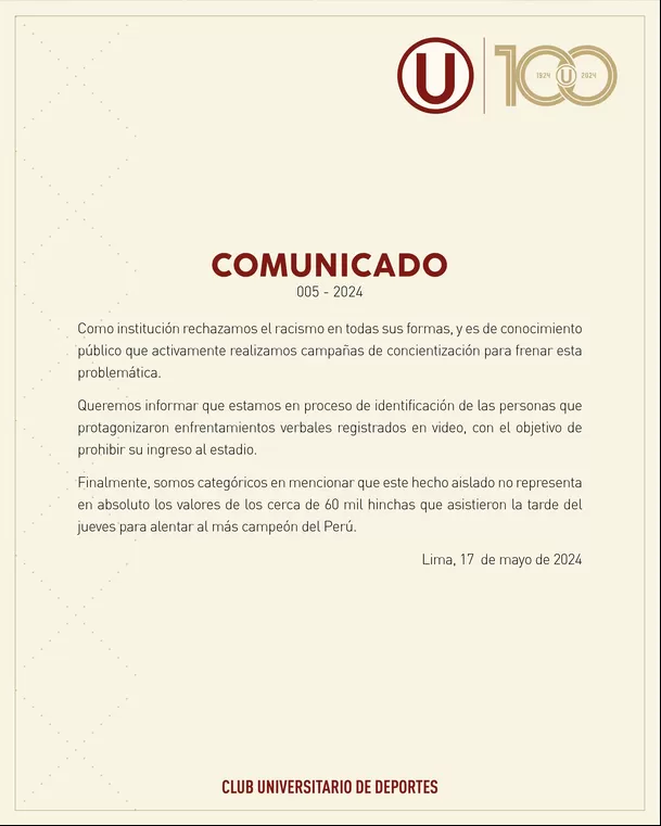 Comunicado de Universitario de Deportes. | Foto: Universitario.