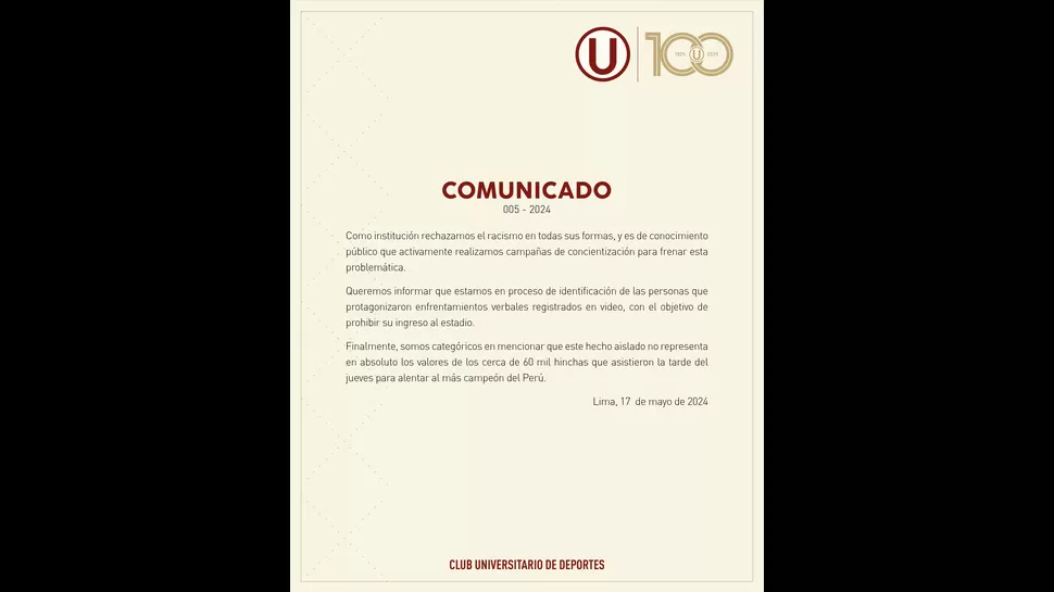 Comunicado de Universitario de Deportes. | Foto: Universitario.