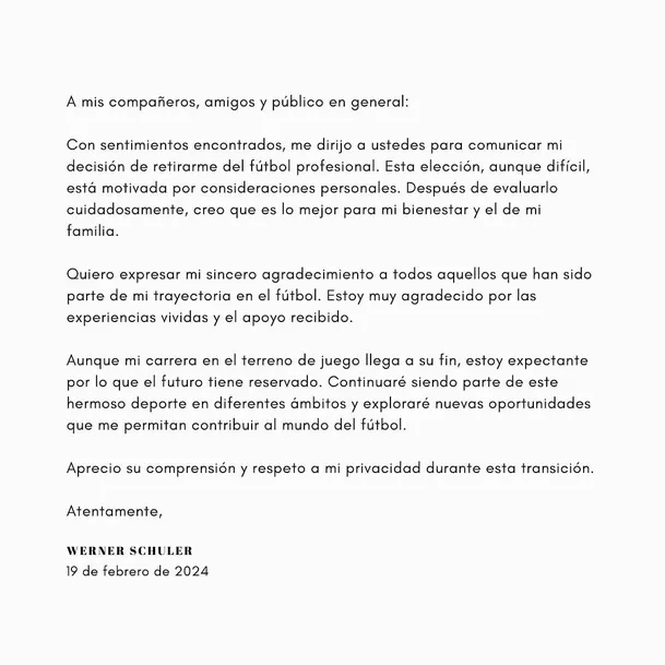 Comunicado de Werner Schuler. | Fuente: @wschuler90