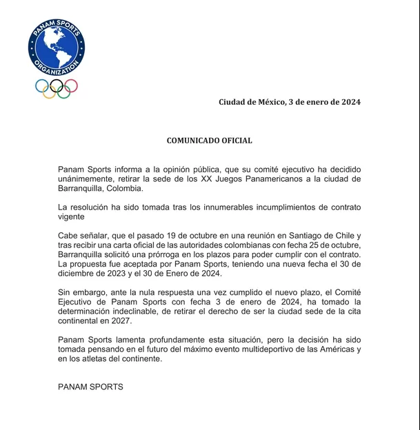 Comunicado de Panam Sports. | Fuente: @PanamSports