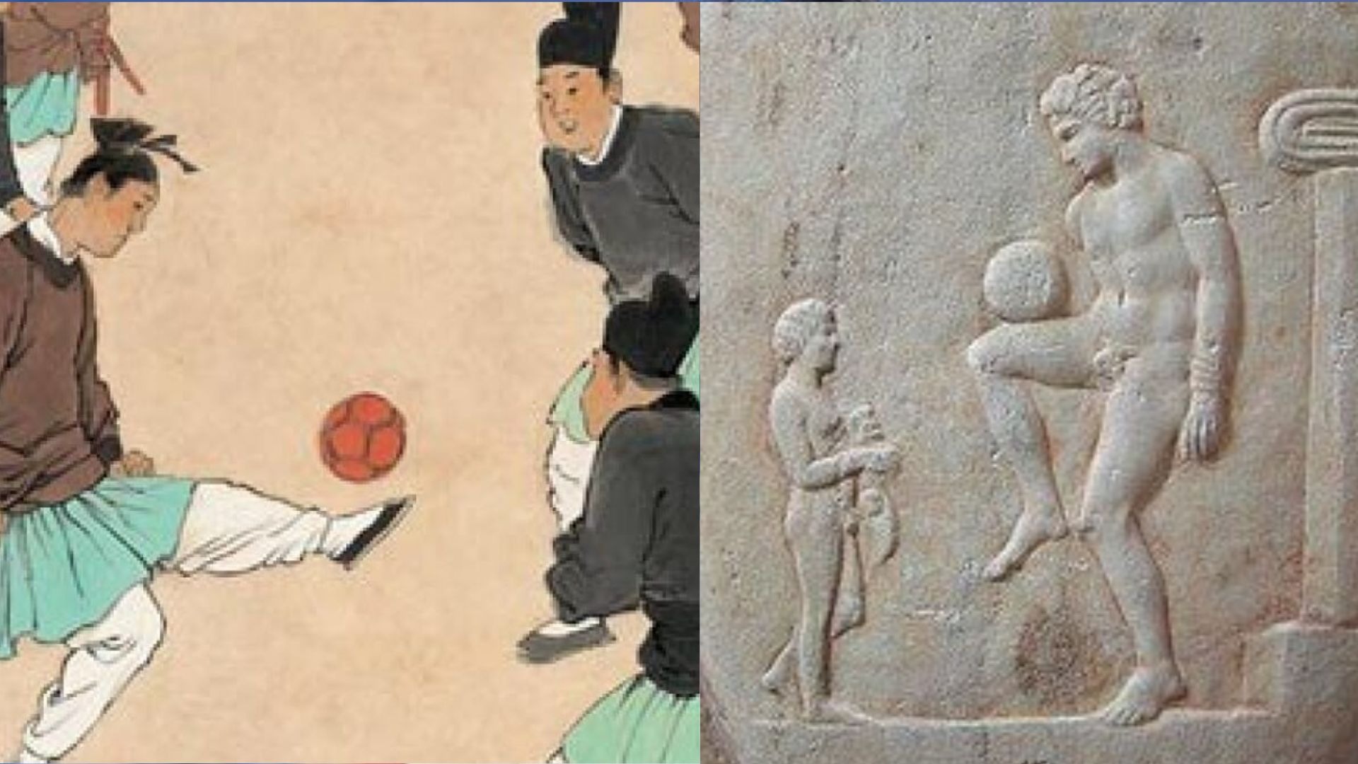 Imágenes que representan lo que sería el origen del fútbol en la cultura China y en Grecia / Foto: Sia Academy