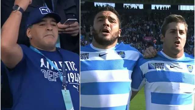 Diego Maradona se emocionó al cantar himno argentino con Los Pumas