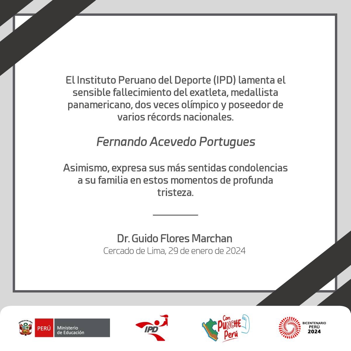 Publicación compartida por el Instituto Peruano del Deporte sobre el deceso de Fernando Acevedo / Foto: IPD