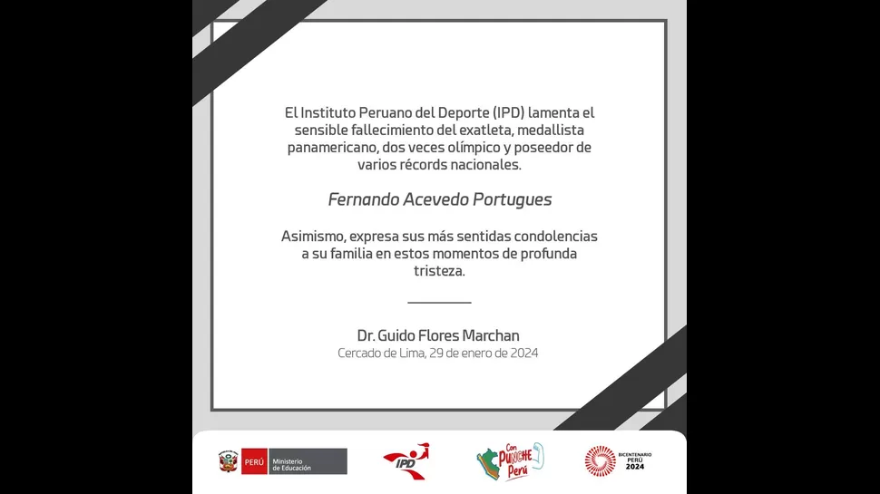 Publicación compartida por el Instituto Peruano del Deporte sobre el deceso de Fernando Acevedo / Foto: IPD