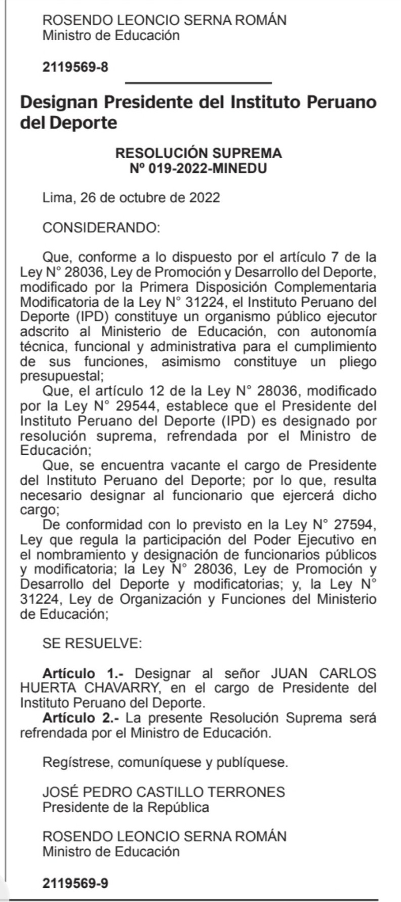 Designación de Juan Carlos Huerta como nuevo presidente del IPD