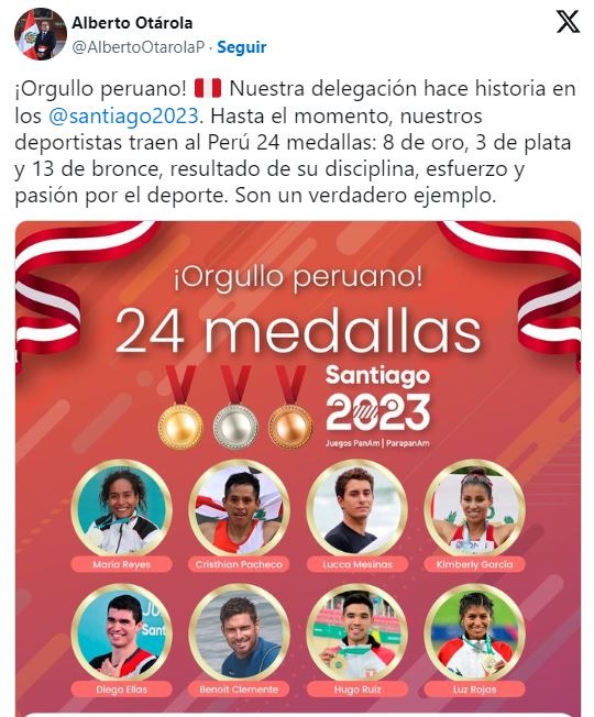 Otárola felicitó a nuestros medallistas panamericanos. | Foto: Twitter.