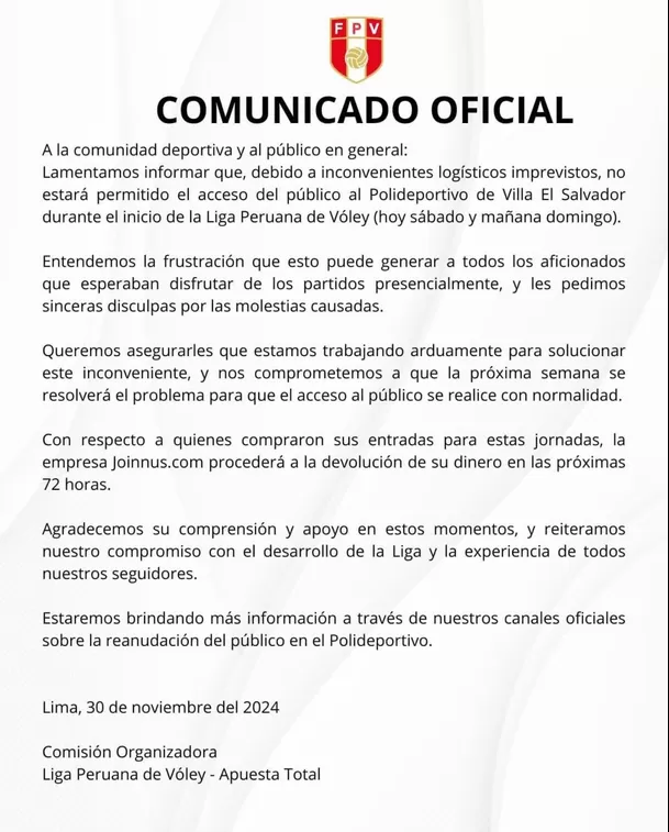 Comunicado de la Comisión Organizadora de la Liga Peruana de Vóley