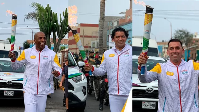 &#39;Cuto&#39; Guadalupe,  Miguel Rebosio y Santiago Acasiete tuvieron el honor de llevar la antorcha en el Callao. | Foto: Lima 2019