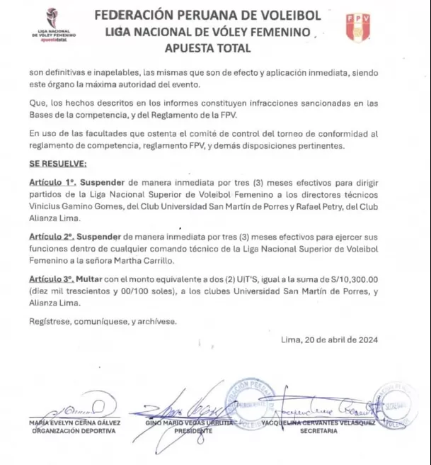 Documento en que se señala la sanción contra los dos entrenadores de los equipos finalistas / Foto: FPV