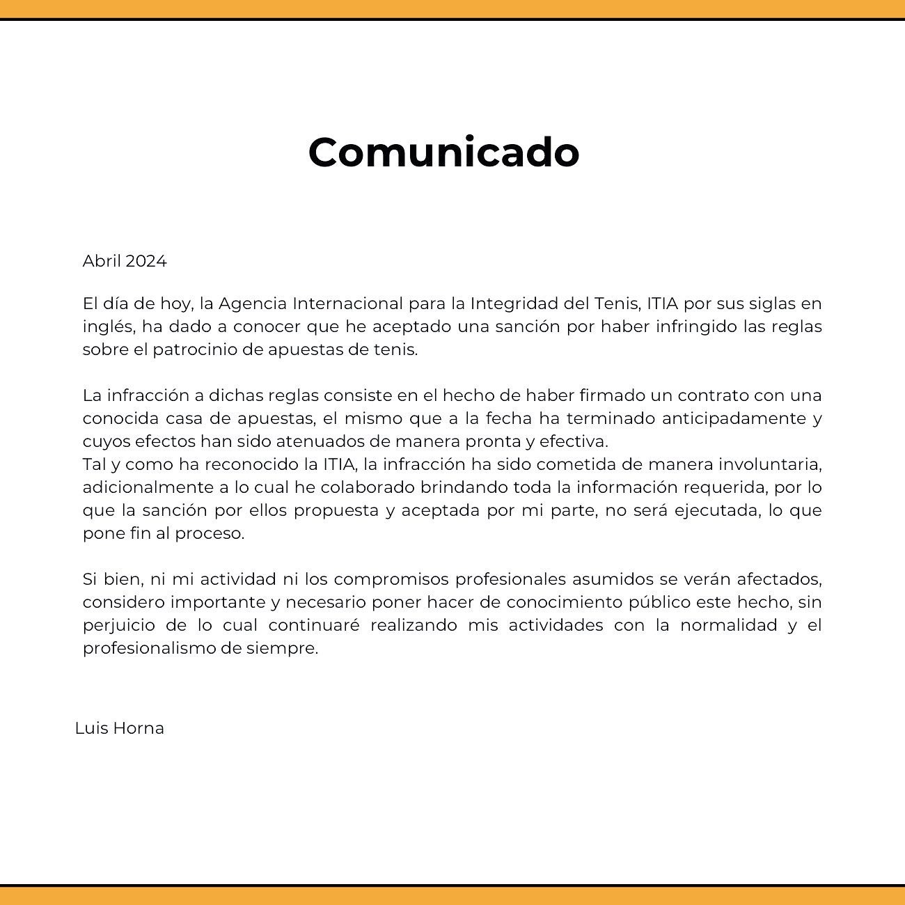 Este es el comunicado de Luis Horna. | Fuente: @LuchoHorna