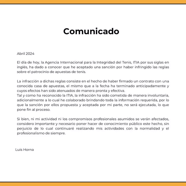 Este es el comunicado de Luis Horna. | Fuente: @LuchoHorna