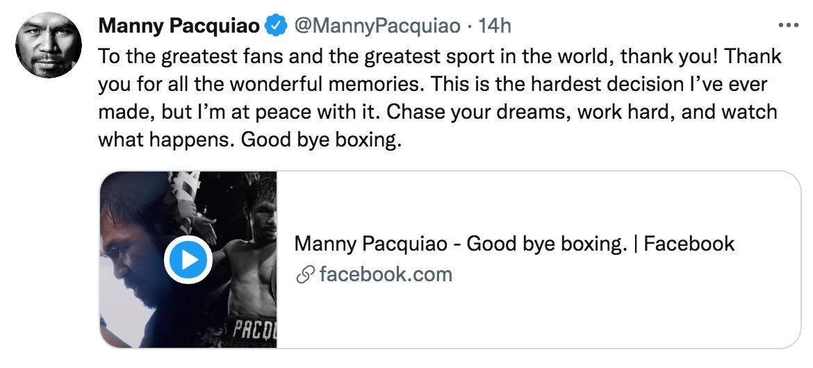 El mensaje de Manny Pacquiao en Twitter.