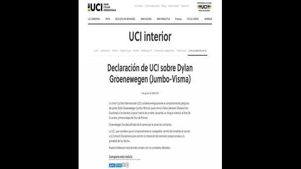 La Unión Ciclista Internacional condenó enérgicamente el comportamiento de Groenewegen en el Tour de Polonia.