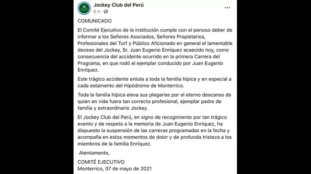 Comunicado del Jockey Club del Perú.