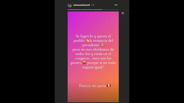 Pronunciamiento de Carlos Zambrano tras la renuncia de Manuel Merino | Video: Instagram.