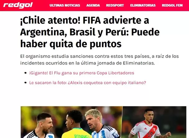 Chile atento a posible pérdida de puntos de Perú, Brasil y Argentina. | Fuente: Redgol