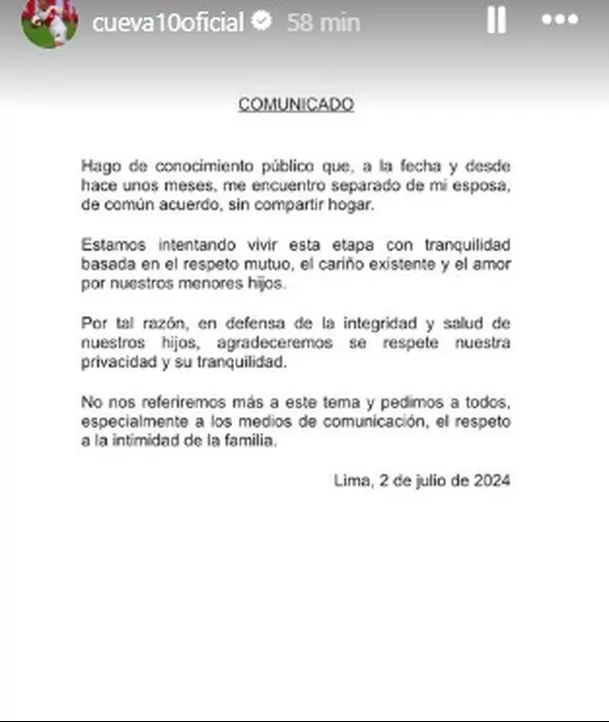 Comunicado de Christian Cueva tras imágenes del fin de semana / Instagram