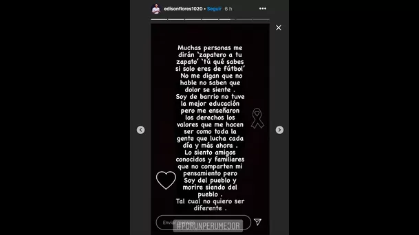 El mensaje de Edison Flores en Instagram.