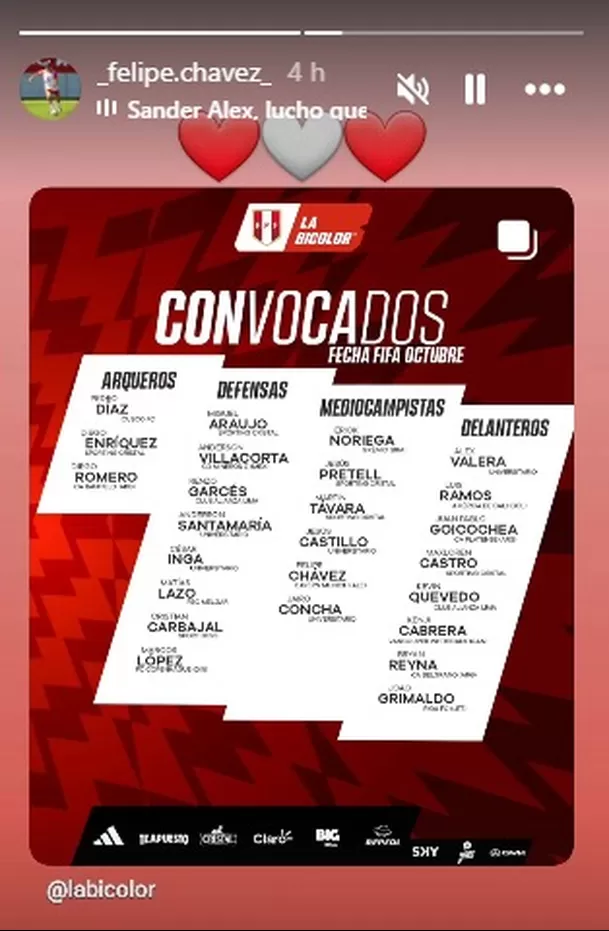 Felipe Chávez reaccionó a su convocatoria con corazones de emoción / IG