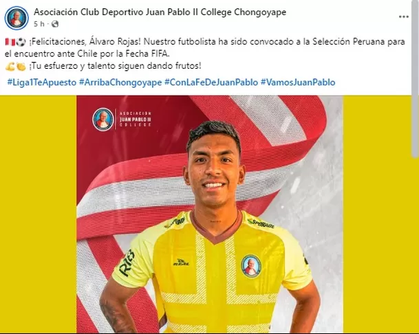 Juan Pablo II felicitó a Álvaro Rojas por su convocatoria de emergencia / Facebook Juan Pablo II felicitó a Álvaro Rojas por su convocatoria de emergencia / Facebook