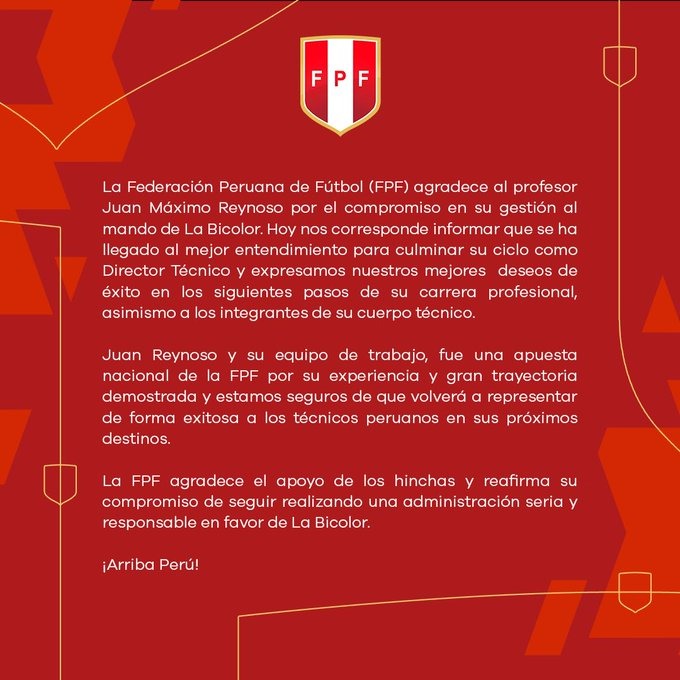 Este es el comunicado de la FPF sobre Juan Reynoso. | Fuente: @TuFPF