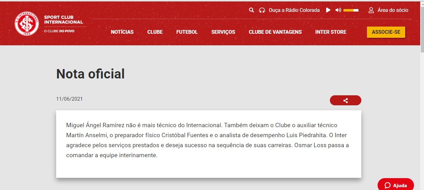 Miguel Ángel Ramírez no sigue en Inter de Porto Alegre.