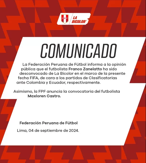 Selección peruana anunció convocatoria de Maxloren Castro. | Foto: La Bicolor.