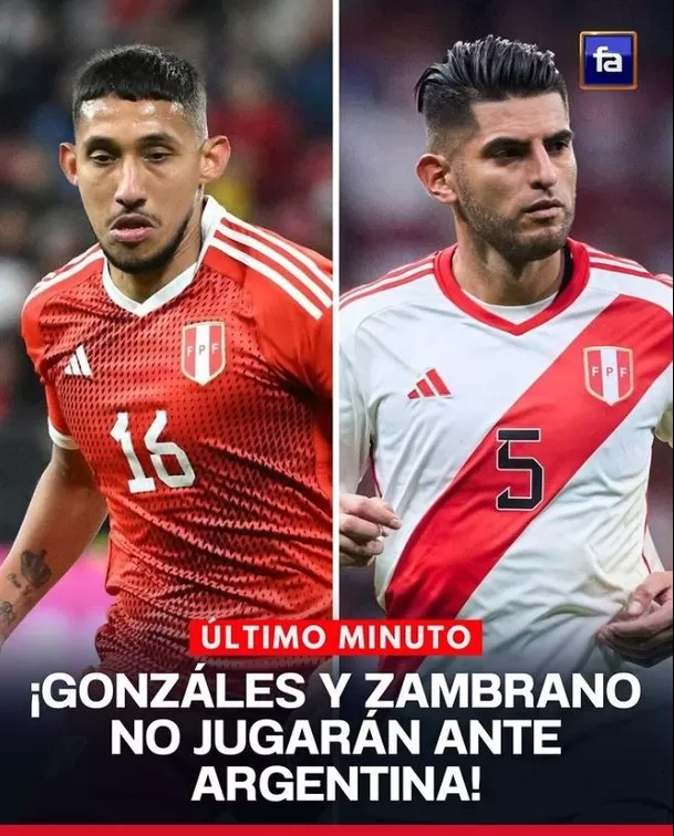 &#39;Canchita&#39; Gonzáles y Carlos Zambrano no jugarán ante Argentina por lesión. | Foto: FA