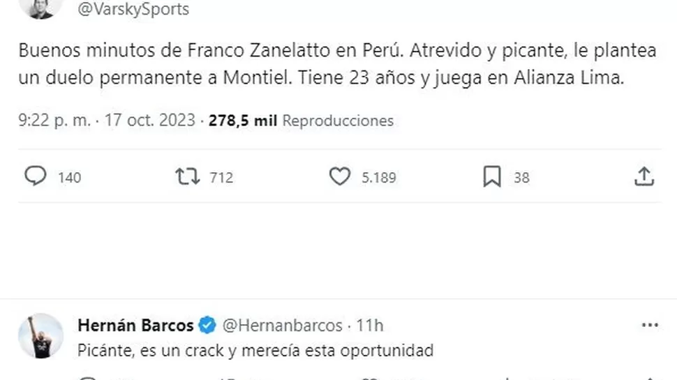 Juan Pablo Varsky opinó sobre Franco Zanelatto. | Fuente: @VarskySports