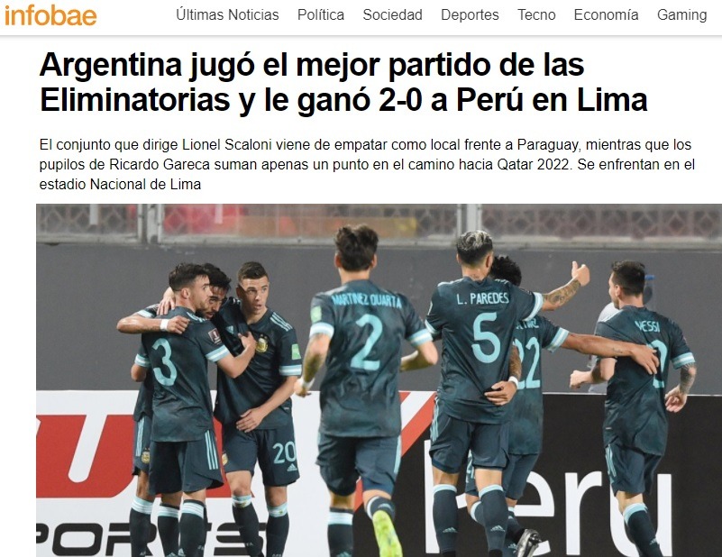 Perú cayó 2-0 ante Argentina y se complica en las Eliminatorias a Qatar 2022.