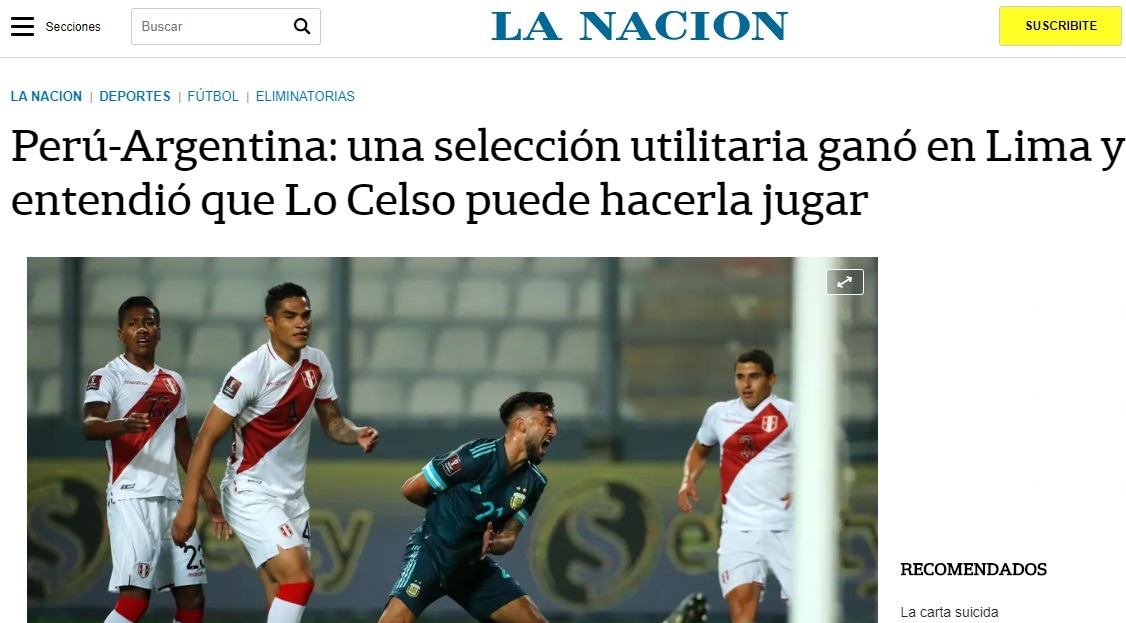 Perú cayó 2-0 ante Argentina y se complica en las Eliminatorias a Qatar 2022.