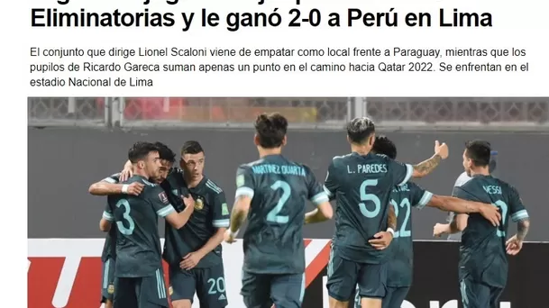 Perú cayó 2-0 ante Argentina y se complica en las Eliminatorias a Qatar 2022.