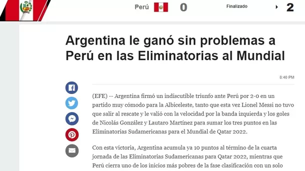 Perú cayó 2-0 ante Argentina y se complica en las Eliminatorias a Qatar 2022.