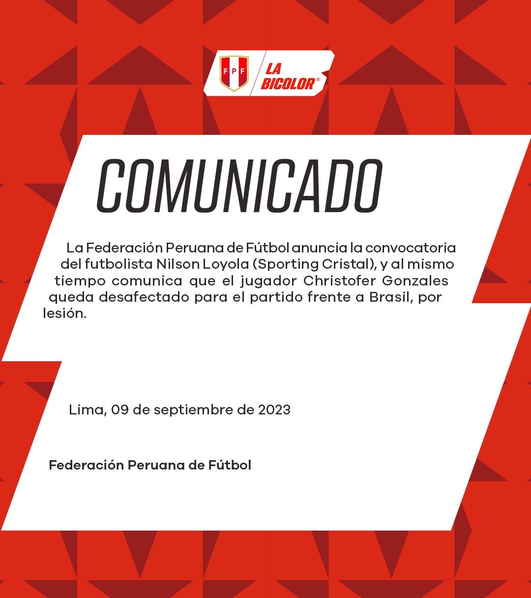 Comunicado de la selección peruana. | Fuente: FPF