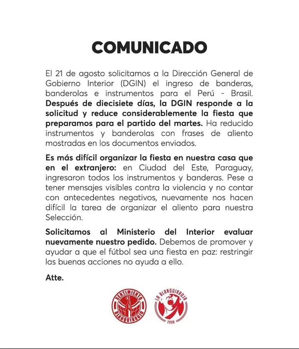 Comunicado de las barras oficiales. | Fuente: @lablanquirroja