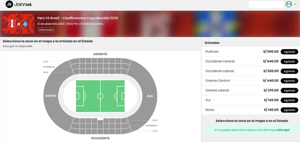 Entradas agotadas para el Perú vs. Brasil del 12 de septiembre en el Nacional. | Foto: Joinnus.