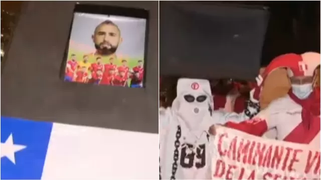 Perú vs. Chile: Llevan &#39;ataúd&#39; con el rostro de Arturo Vidal al hotel de la Roja