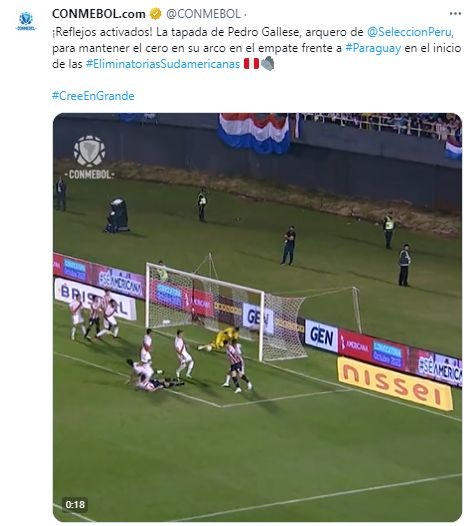 Conmebol destacó atajada de Pedro Gallese. | Fuente: @CONMEBOL