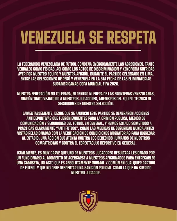 Comunicado de la FVF tras el empate en Lima. | Foto: FVF