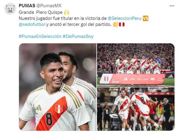 Puma reaccionó así al gol de Piero Quispe con la selección peruana. | Fuente: @PumasMX