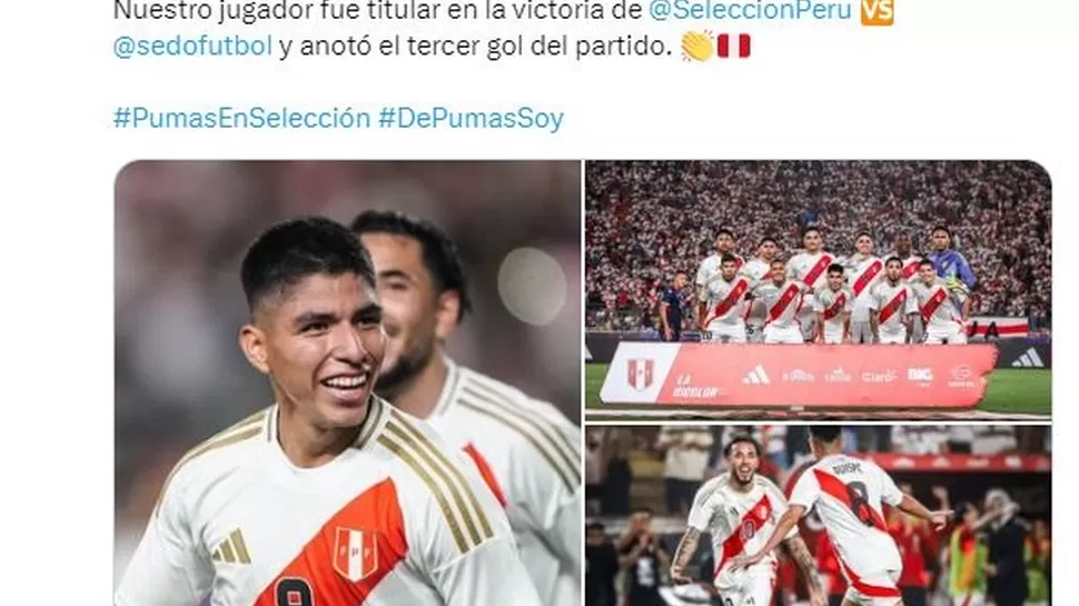 Puma reaccionó así al gol de Piero Quispe con la selección peruana. | Fuente: @PumasMX