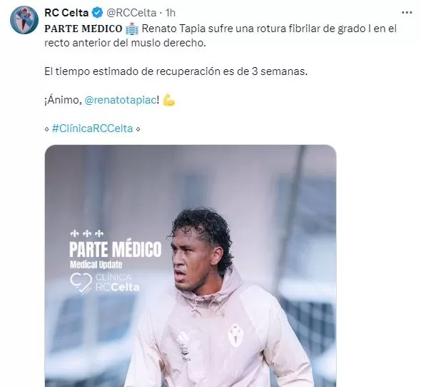 Celta confirmó lesión de Renato Tapia. | Fuente: @RCCelta