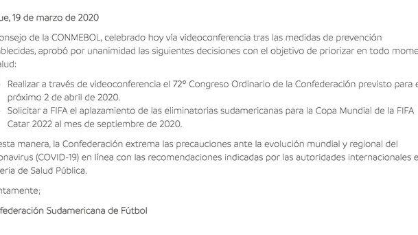 Comunicado de la Conmebol.