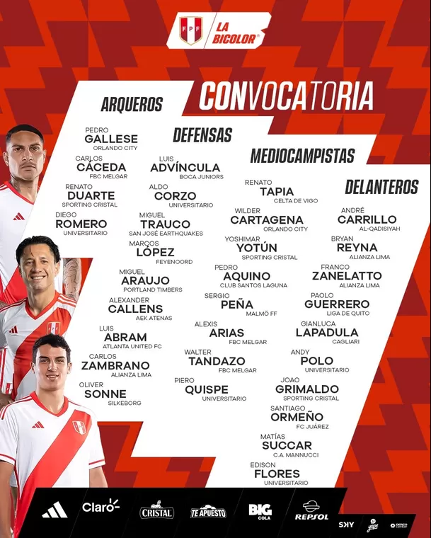 Lista de futbolistas convocados para la fecha 5 y 6 de las eliminatorias