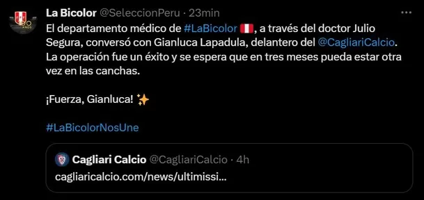 Comunicado sobre Gianluca Lapadula. | Foto: Twitter selección peruana. 