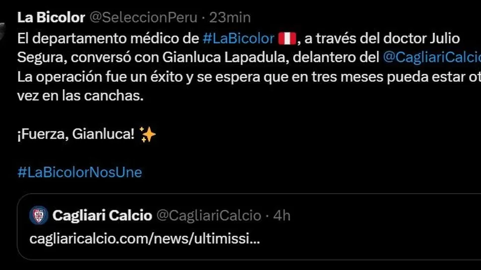 Comunicado sobre Gianluca Lapadula. | Foto: Twitter selección peruana. 