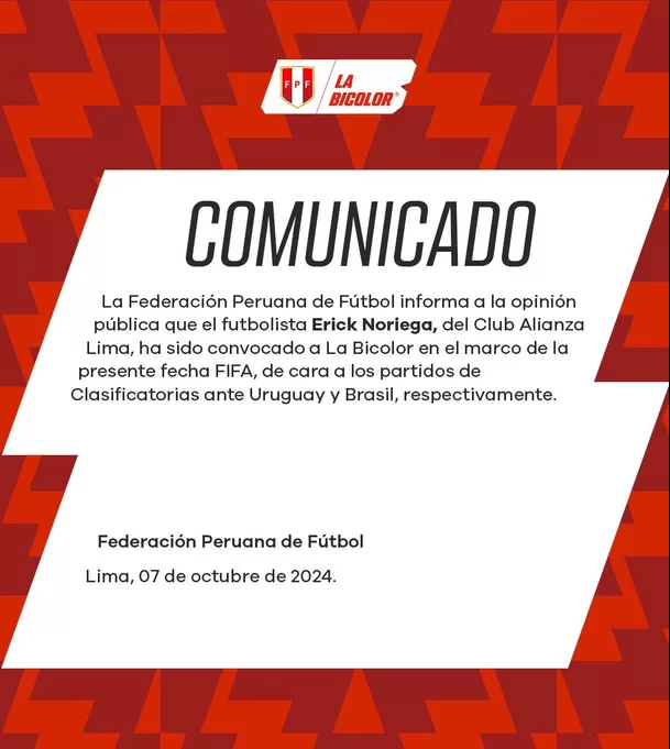 Comunicado de la convocatoria de Erick Noriega. | Foto: FPF