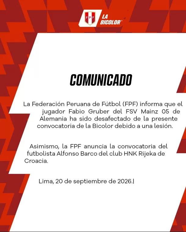 Comunicado de la desconvocatoria de Fabio Gruber / Foto: Bicolor
